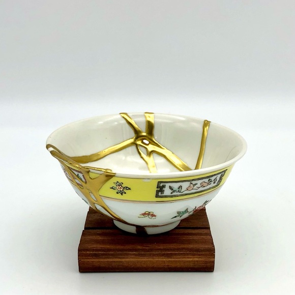 Kintsugi Bowl Chinese Jingdezen Floral Gold Crack Japanese Personal Growth Gift - Picture 17 of 17